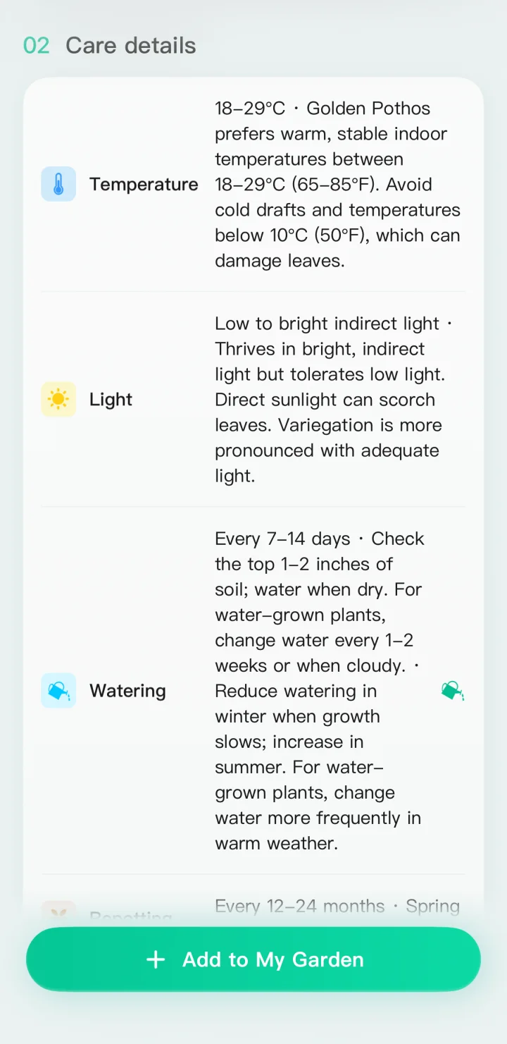 Care details screen showing temperature, light, and watering guidance for Golden Pothos